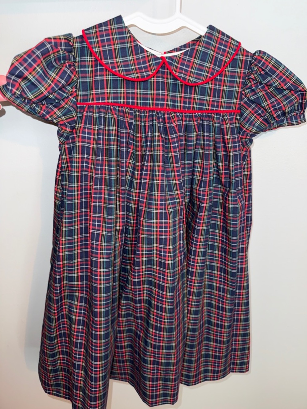 Classic Girls' Plaid Peter Pan Dress with Red Trim - Navy/Red